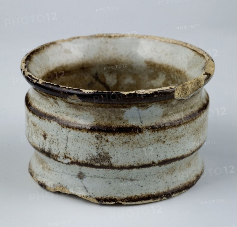 Pottery ointment jar, low model, wide top edge, two constrictions, white glazed, ointment jar pot holder soil finds ceramic