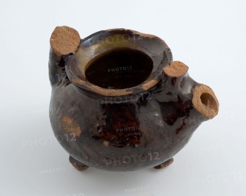 Earthenware teapot, small size on three legs with spout and handle, manganese glaze, teapot crockery holder toy relaxant soil