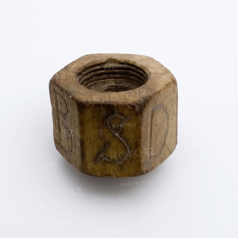 Legs nut with internal thread, hexagonal and with letters on the surfaces, nut fastener soil find leg, sawn twisted sanded Legs