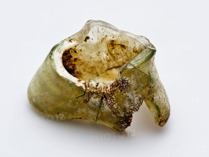 Two neck fragments of bottle, green and blue glass, bottle holder soil find glass, free blown Neck fragments of bottles