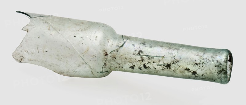 Two neck fragments of hand-blown bottles, long necks, one of which is cylindrical, bottle holder bottomfound glass, free blown