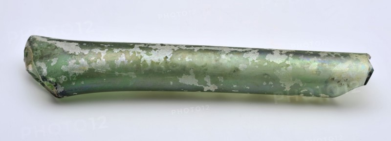 Glass tube or neck, cylindrical and pinched on one side, glass soil found glass, w 1.9 hand-blown Glass tube Possible neck