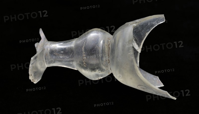 Fragment of goblet with hollow balustere stem, drinking glass drinking utensils tableware holder fragment soil find glass