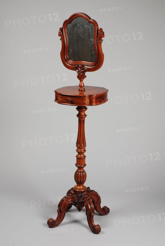 Mahogany neo baroque toilet mirror, interior mirror furniture wood mahogany glass metal, On high table with drawer