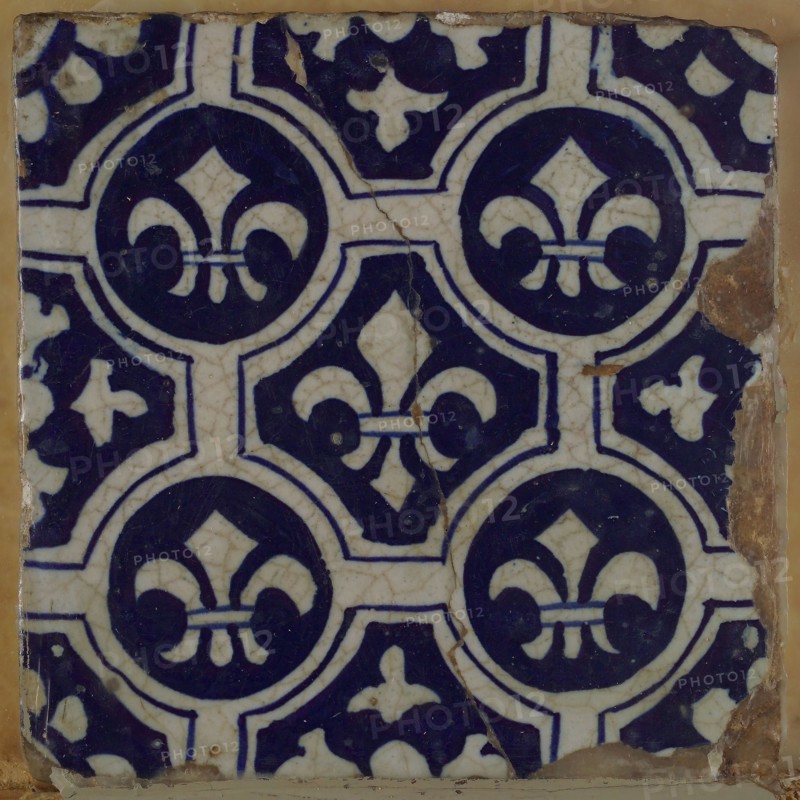 Two-tone tile, blue on white background, four circles with white French lily around central ornament with lily, wall tile