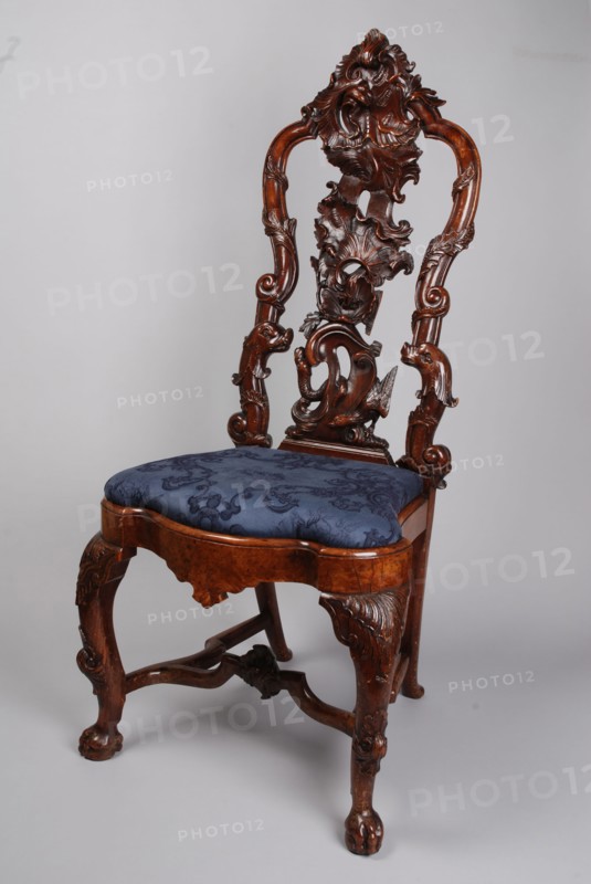 joiner, Rococo chair with sea monster and dog in the back, chair furniture furniture interior design wood walnut elmwood burr
