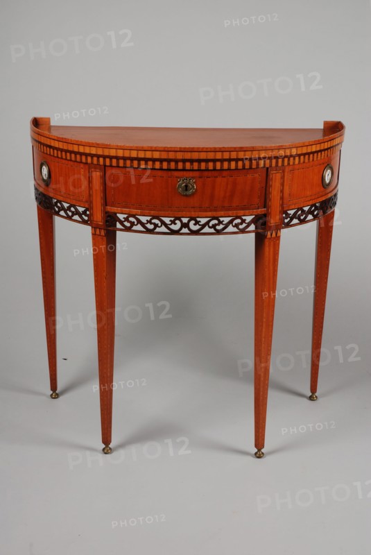 Louis Seize half-moon table, table furniture interior design wood oak wood lumber purple heartwood maple wood brass ceramic