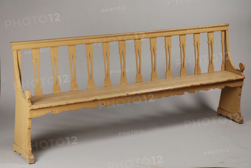 Green painted long garden bench or bench, sofa furniture interior design wood coniferous paint, Openwork backrest with bars