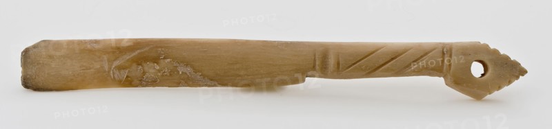 Legs or ivory knife or spatula, round hole in end, decorated with kerf cut, knife spatula cutlery soil find leg ivory, sawn cut