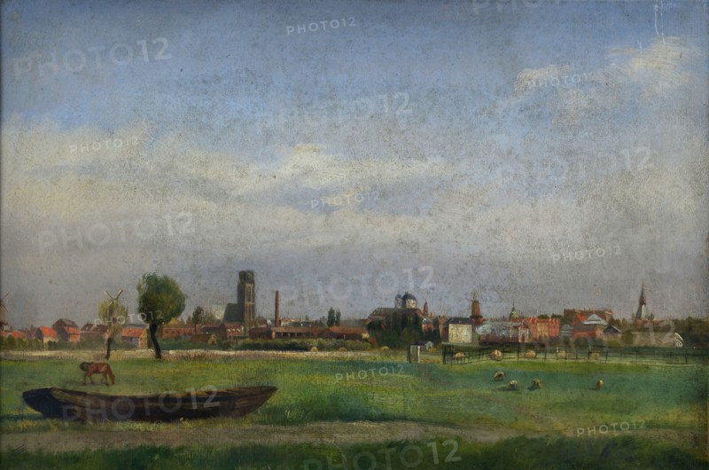 Jan Bikkers, View of the city from the side of Beukelsdijk, Rotterdam, painting footage paper cardboard paint, View of the city