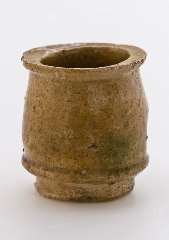 Pottery ointment jar, belly model, white shard, yellow glazed, ointment jar holder soil found ceramic earthenware glaze lead