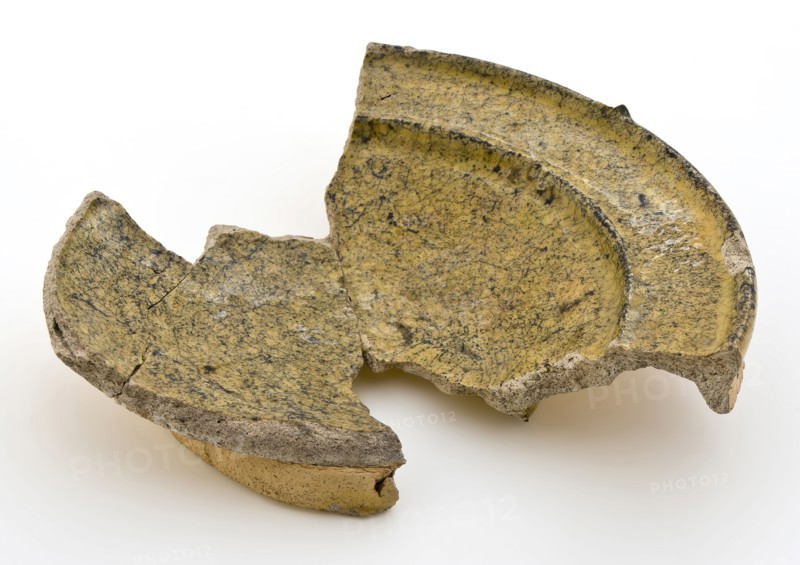 Fragment of small earthenware plate or salt dish, gray shard, yellow glazed, salt bowl salt barrel tableware holder fragment