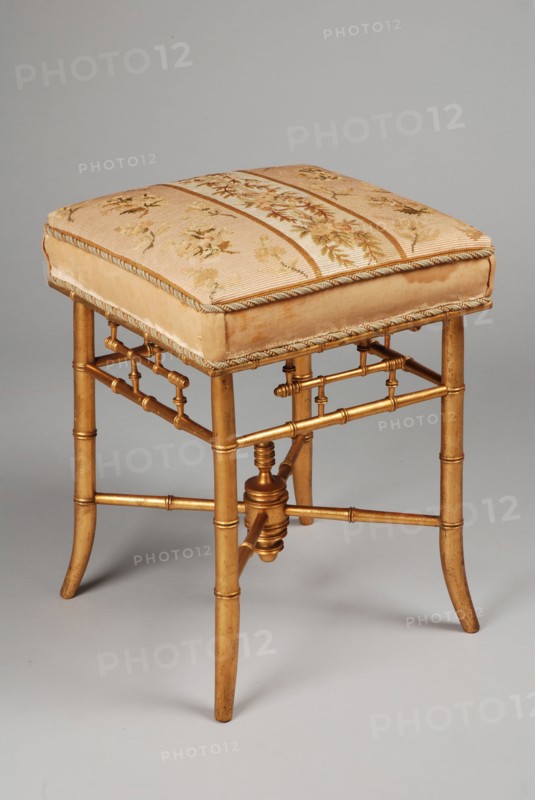 Gilded Napoleon-III stool, tabouret furniture interior design wood beech wood velvet textile gold paint, Imitation bamboo