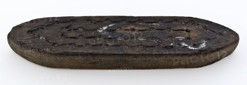 Wooden brush without hair, elongated with pointed ends, brush soil finds wood metal, sawn drilled bound Wooden brush