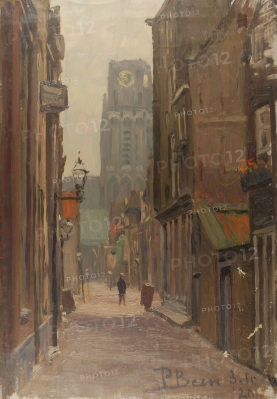 Pieter Been, Lange Torenstraat with St. Laurenstoren, Rotterdam, cityscape painting artwork oil paint linen, Portrait format oil