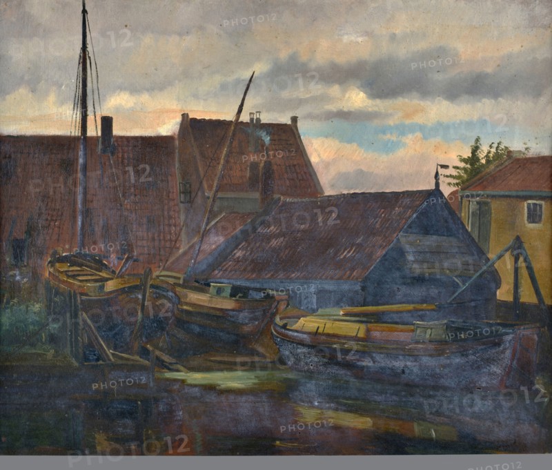 Jan Bikkers, shipyard on the Rotte behind the Zwaanshals, village view painting footage paper oil, View of shipyard