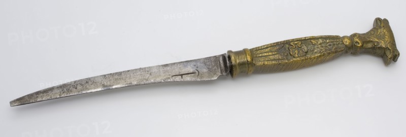 Iron blade with bronze handle, ending with cow's head, knife cutlery soil find iron bronze metal, forged cast Iron knife