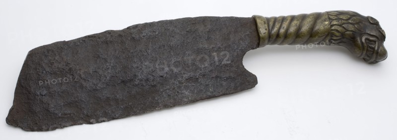 Iron chopper or kitchen knife with bronze handle, ending with lion's head, knife cutlery kitchenware soil find iron bronze metal