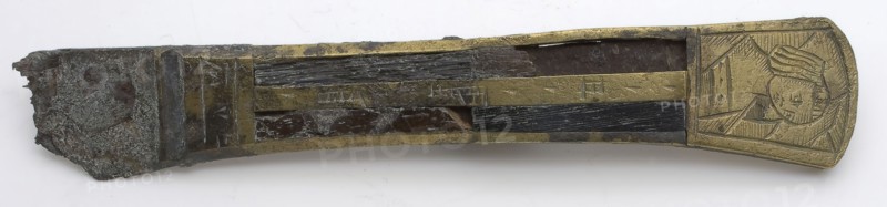Fragment iron knife, brass handle, inlaid with dark wood, engraved woman, knife cutlery soil find iron bronze brass metal ebony