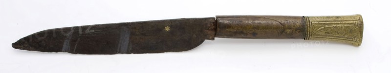 Iron blade with legs and brass handle with engraved saints, knife cutlery soil find iron copper brass metal leg, w 1.5 forged