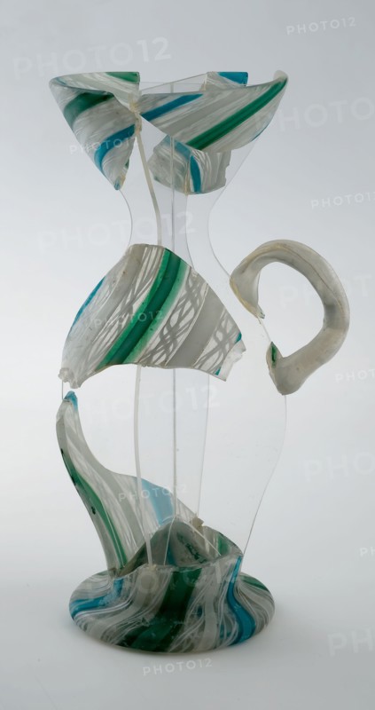 Fragment funnel beaker with earpiece in blue, green and white twisted glass, funnel beaker goblet drinking glass drinkware