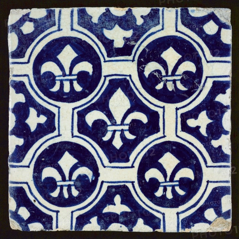 Ornament tile with French lily decor in blue, wall tile tile sculpture ceramic earthenware glaze, baked 2x glazed painted Yellow