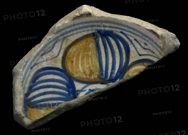 Bottom fragment of majolica dish with polychrome fruit decor, porcelain dish holder fragment fragment earthenware ceramics
