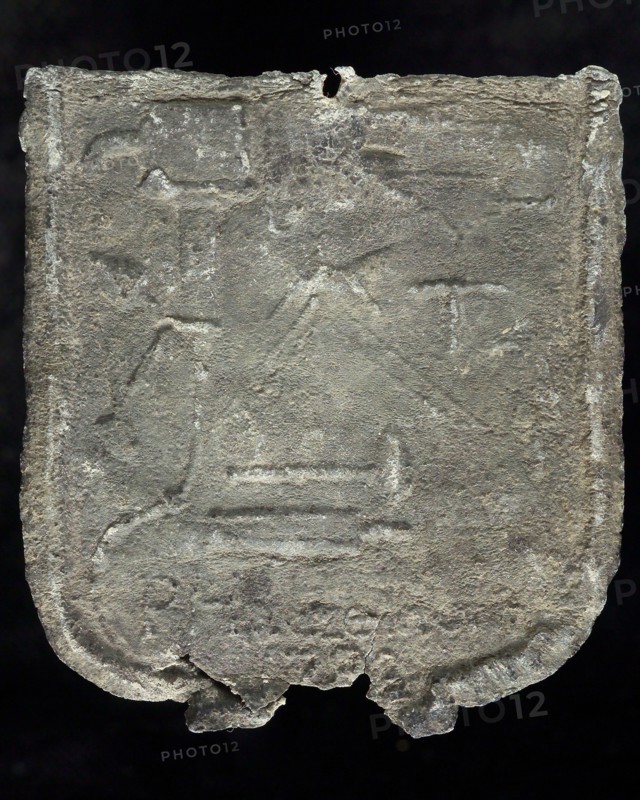 P. Haazelhorst, Roof bonnet, shield-shaped cover plate with 1783, P. Haazelhorst and guide tool, plummet lead metal, Roof lead
