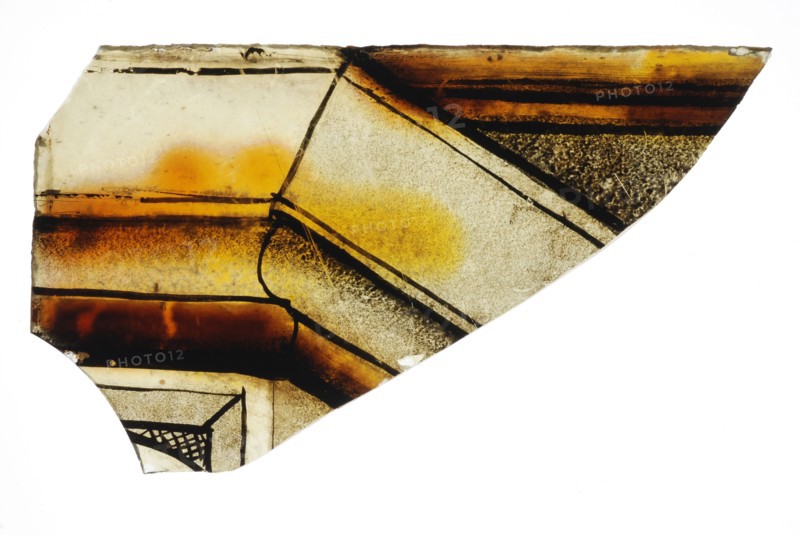 Fragment of green window glass with stained-glass decor, plinth or frame, window glass building material soil find glass, w 7.4