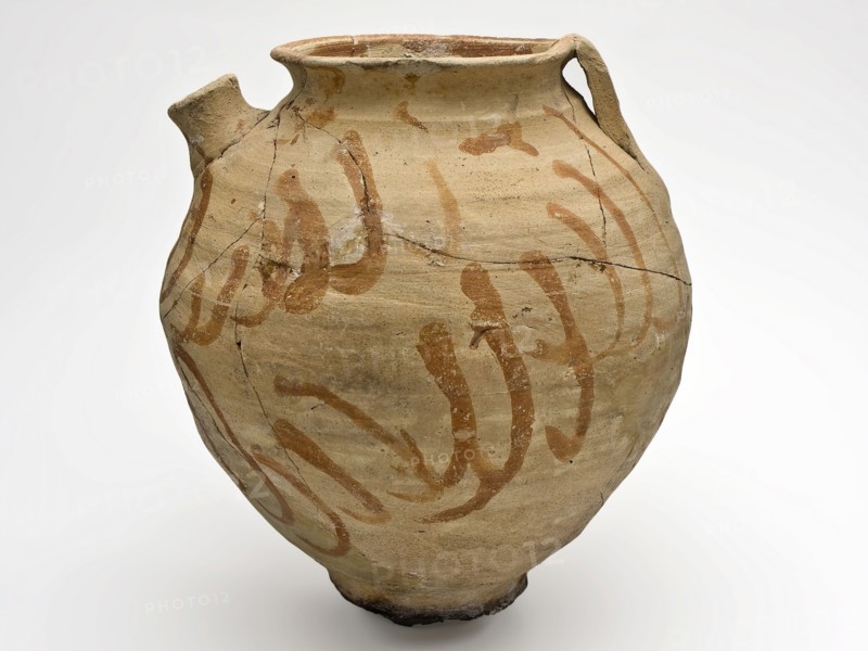 Pottery spout pot, brown-yellow with streaks of lace paint, Pingsdorf, pot pans kitchen utensils earthenware ceramics