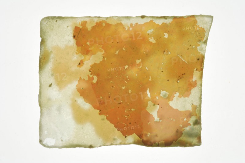 Fragment of small pane, green tinted window glass partially covered with thick layer of irisation, window glass building