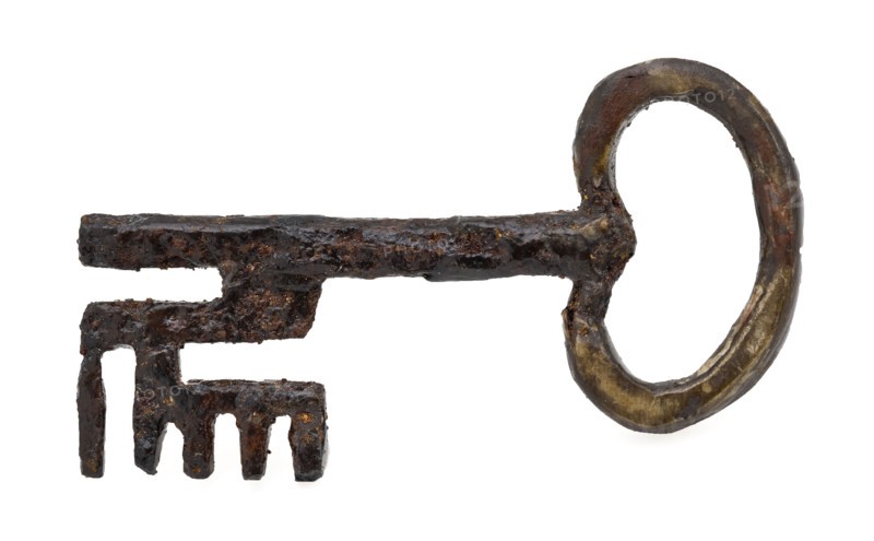 Iron key, kidney-shaped handle, beard with six teeth, key iron commodity founding iron metal, forged sawn iron key. Kidney