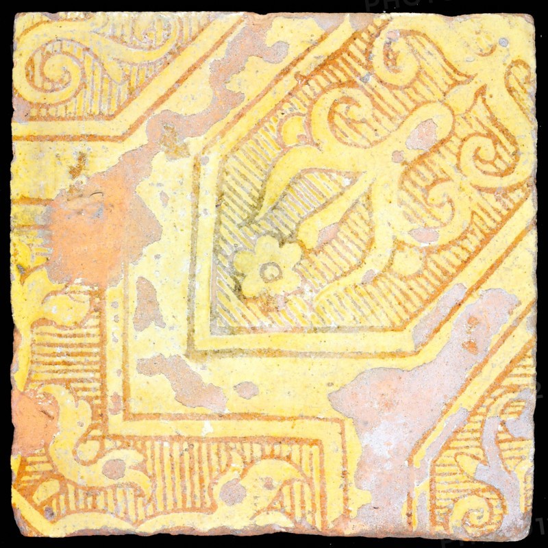Earthenware tile with continuous decor in sludge technology, sheet scrolls in diagonal frames, tile floor tile tile sculpture