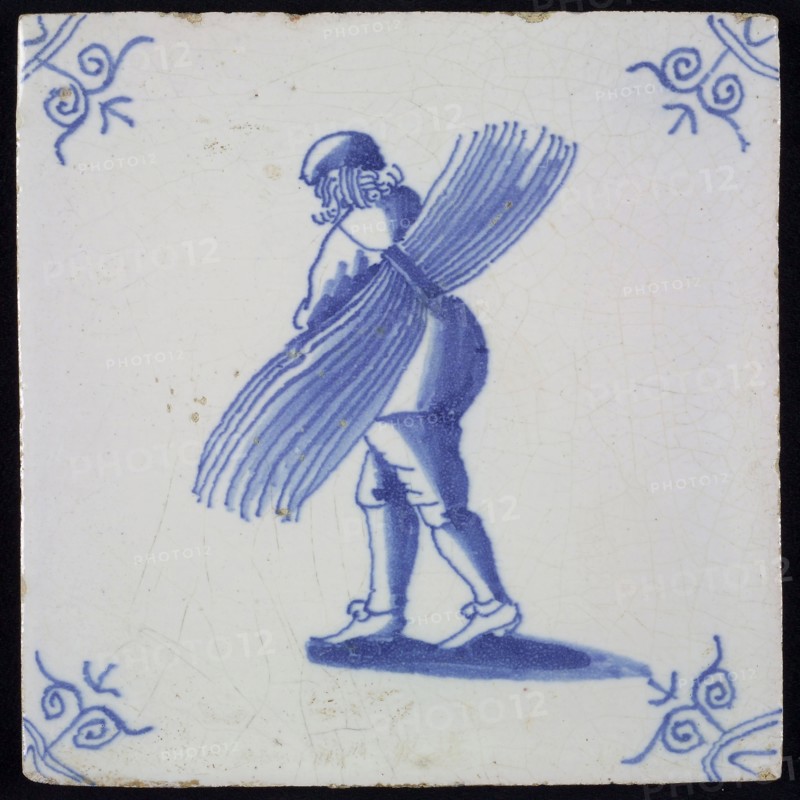 Tile, craft tile with blue decor on white ground, reed cutter, wall tile tile sculpture soil find ceramic earthenware glaze tin