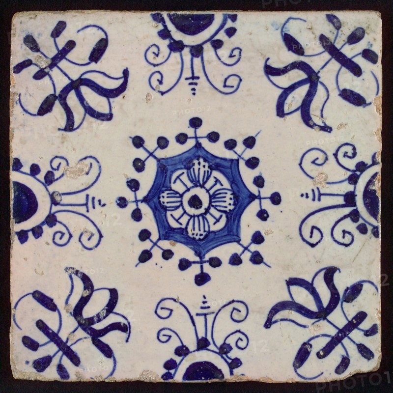 Tile with blue decor without frame with corner motifs, Haarlems decor, wall tile tile sculpture soil find ceramic earthenware