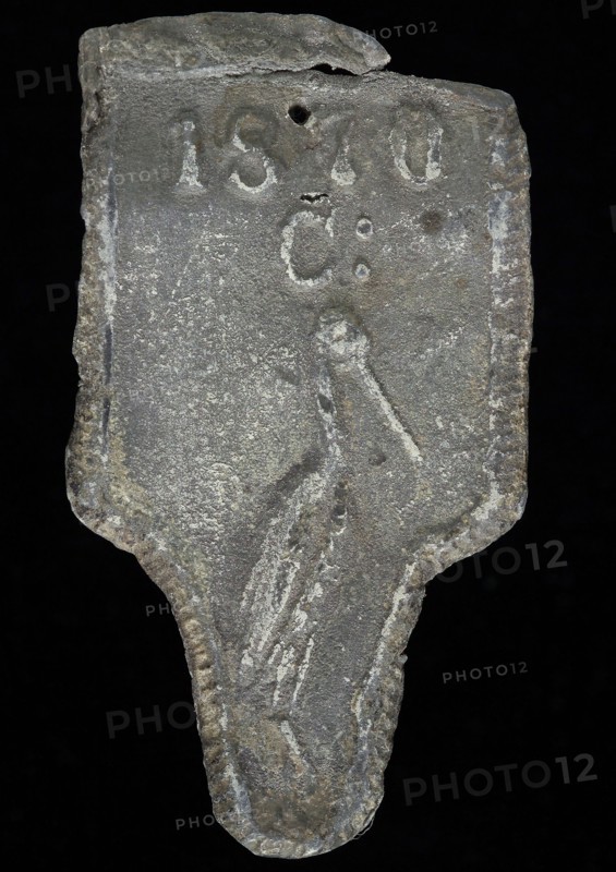 C., Roof bonnet, shield-shaped cover plate with 1870 C and stork, lead mark lead metal, Roof bonnet shield-shaped cover