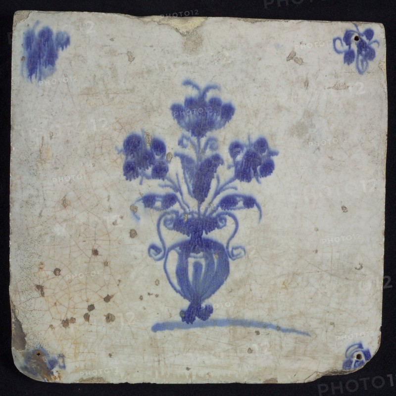 Tile, flower vase, blue decor white fond, corner filling spider, wall tile tile sculpture ceramic earthenware glaze tin glaze