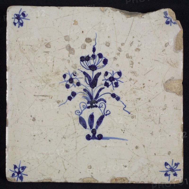 Tile, flower vase, blue decor white fond, corner fill spider, wall tile tile sculpture ceramics earthenware glaze tin glaze