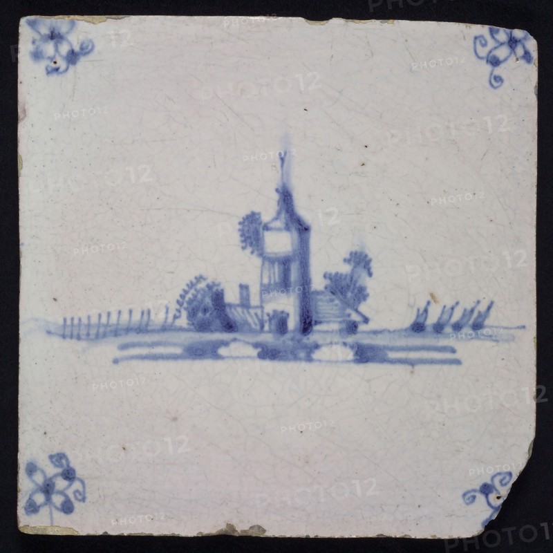 Tile, landscape with ruin or tower, blue decor on white ground, corner fill spider, wall tile tile sculpture ceramic earthenware