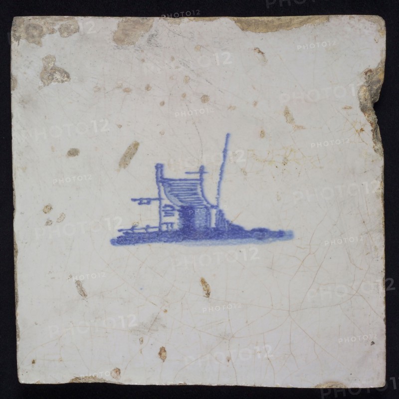 Landscape tile with house, blue decor on white ground, no corner filling, wall tile tile sculpture ceramic earthenware enamel