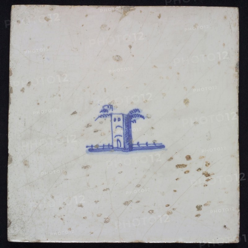 Landscape tile with tower, blue decor on white ground, no corner fill, wall tile tile sculpture ceramic earthenware enamel