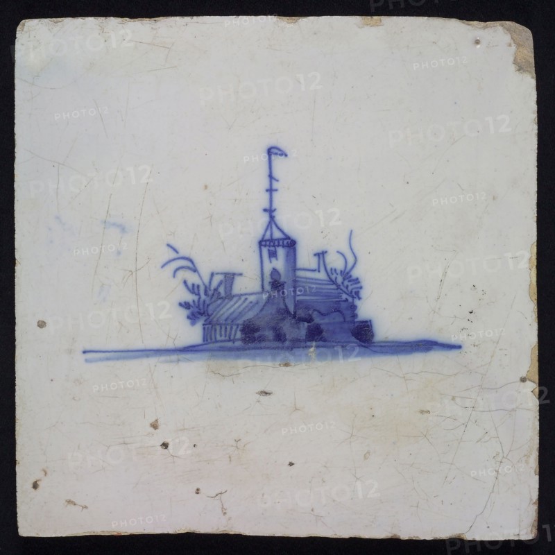 Landscape tile with village and church tower, blue decor on white ground, no corner filling, wall tile tile sculpture ceramic