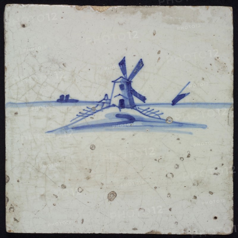 Landscape tile with windmill on mound, blue decor on white ground, no corner filling, wall tile tile sculpture ceramics