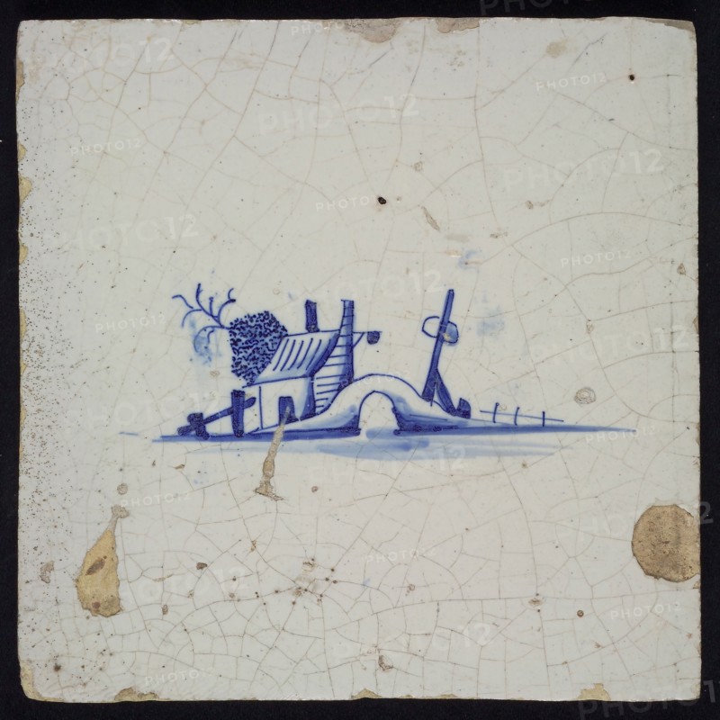 Landscape tile with bridge and inn, blue decor on white ground, no corner fill, wall tile tile sculpture ceramic earthenware