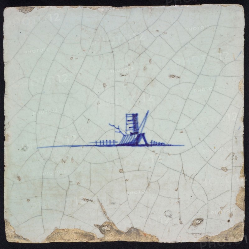 Landscape tile with house and tower or staff, blue decor on white ground, no corner padding, wall tile tile sculpture ceramic