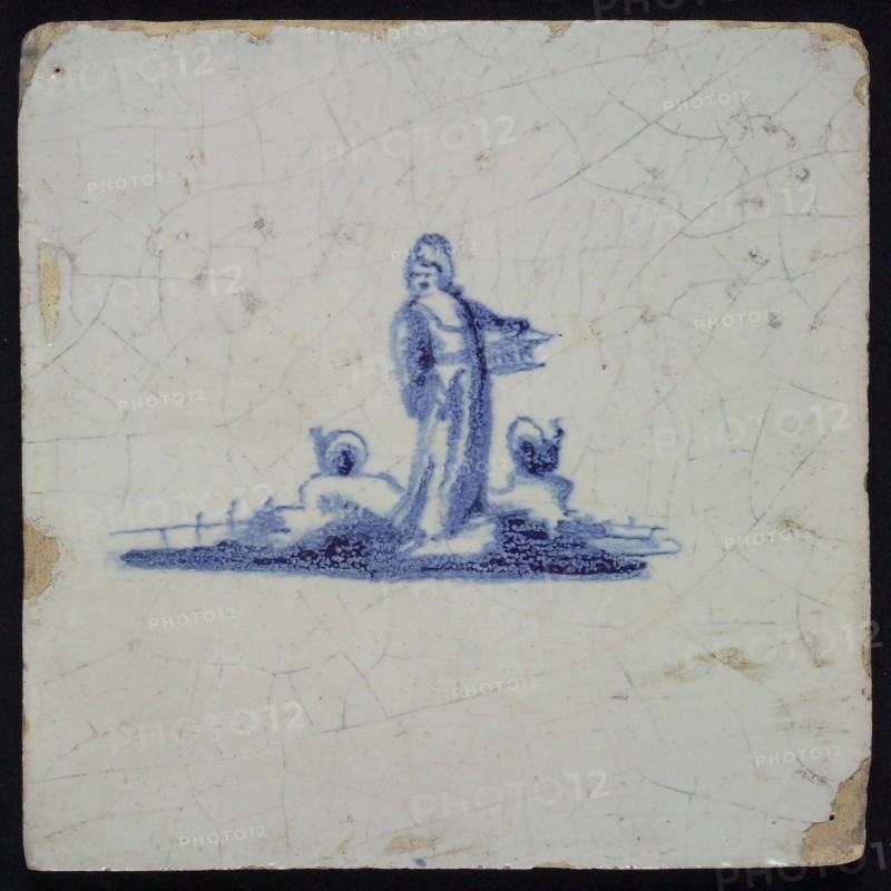 Scene tile with shepherdess, blue decor on white ground, no corner padding, wall tile tile image ceramics pottery glaze tin