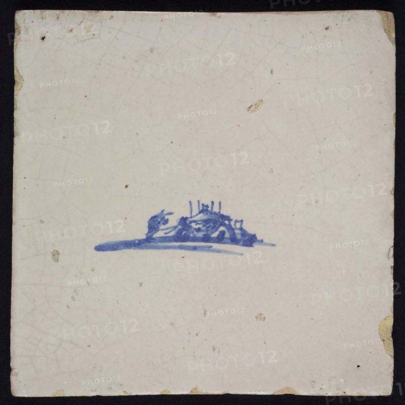 Landscape tile with farmhouse, blue decor on white ground, no corner filling, wall tile tile sculpture ceramic earthenware