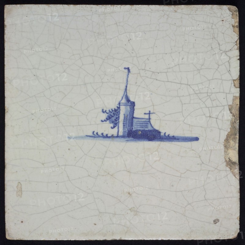 Landscape tile with church, blue decor on white ground, no corner fill, wall tile tile sculpture ceramics earthenware glaze tin