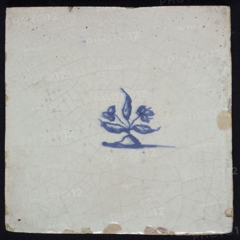 Flower tiling, flowering plant with two flowers, blue decor on white ground, no corner filling, wall tile tile sculpture ceramic