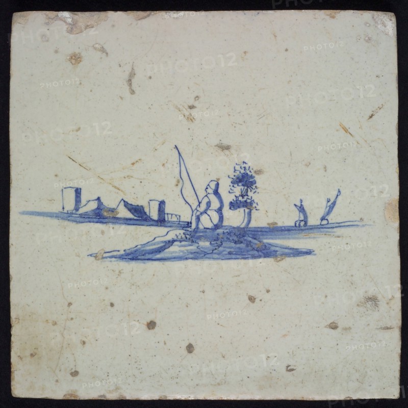 Landscape tile, with angler and river landscape, blue decor on white ground, no corner filling, wall tile tile sculpture ceramic